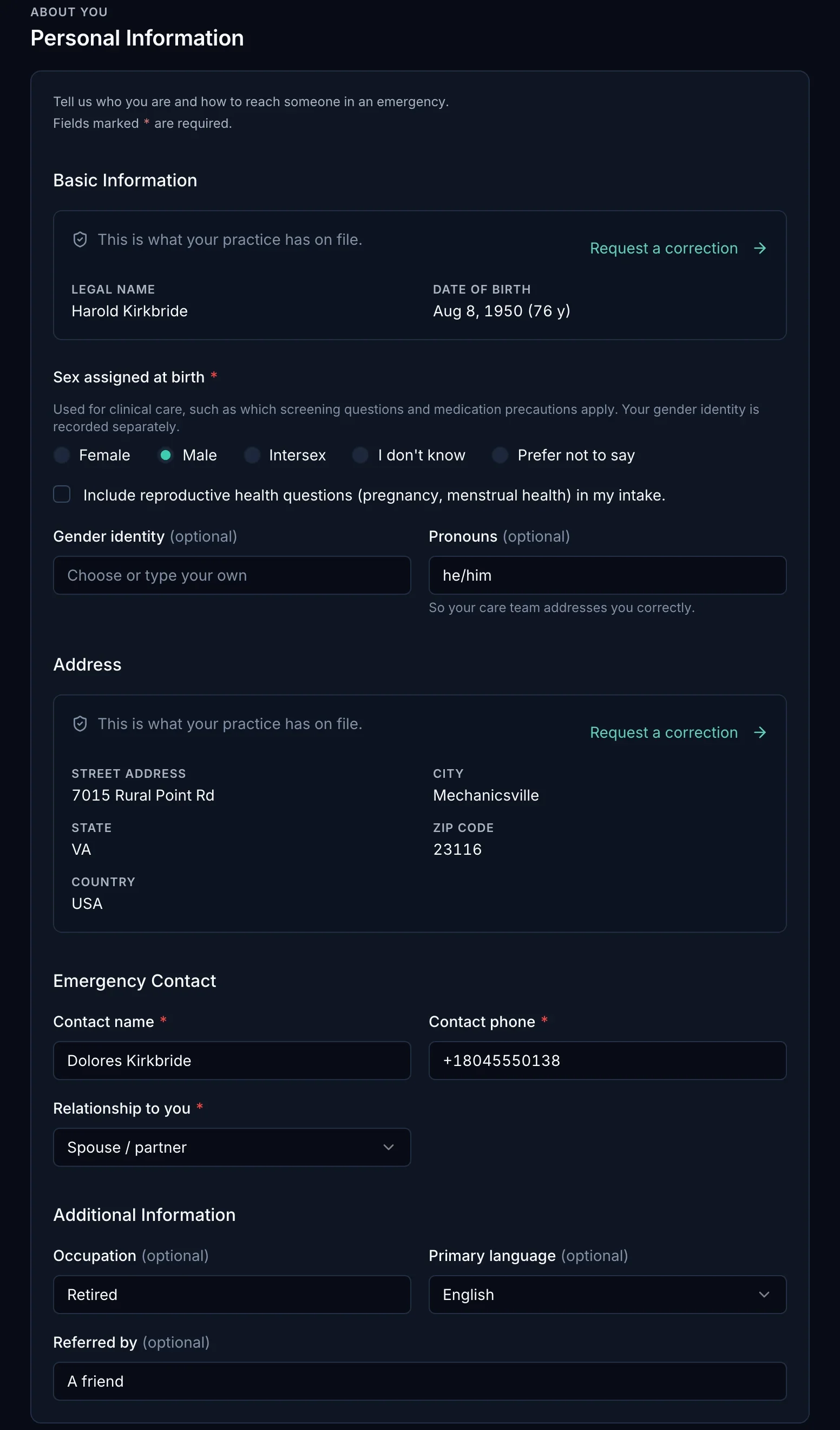 The Personal Information form in the ClinicX patient portal, in its dark theme, filled in by the patient. Basic information: legal name Harold Kirkbride and date of birth Aug 8, 1950, shown as what the practice has on file with a link to request a correction; sex assigned at birth, Male, selected; the box to include reproductive health questions left unticked; gender identity left blank; pronouns he/him. Address, on file: 7015 Rural Point Rd, Mechanicsville, VA 23116, USA. Emergency contact: Dolores Kirkbride, a phone number, relationship spouse or partner. Additional information: occupation Retired, primary language English, referred by a friend.