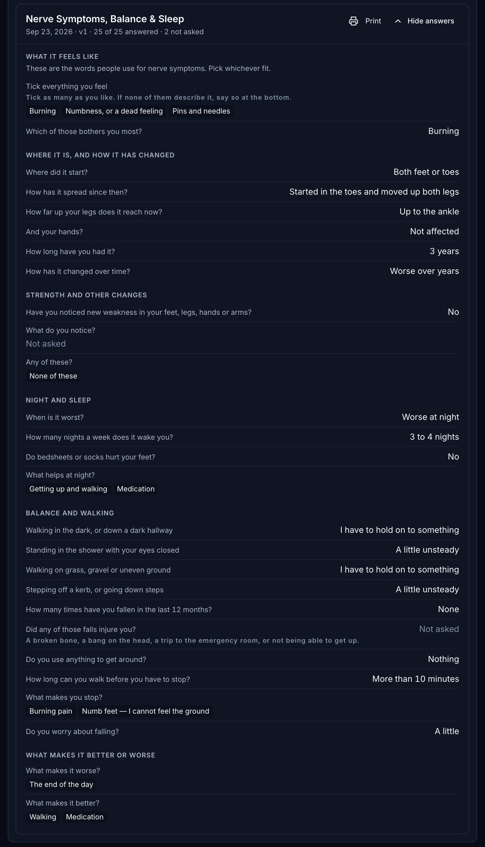 The Forms and consents tab of the same patient's chart in ClinicX, in its dark theme, as the practice sees it. Under Submitted forms, the card for Nerve Symptoms, Balance & Sleep, from Sep 23, 2026, version 1, 25 of 25 answered and 2 not asked, is open on all of its answers, the same answers the patient gave in the portal: Burning, numbness and pins and needles, Burning bothering him most; started in both feet or toes, then in the toes and up both legs, up to the ankle, hands not affected, for 3 years, worse over the years; no new weakness; worse at night, waking him 3 to 4 nights a week; and, for balance, holding on to something in the dark and on uneven ground, a little unsteady in the shower with his eyes closed and stepping off a kerb, no falls in the last 12 months, and on to what makes it worse (the end of the day) and better (walking, medication).