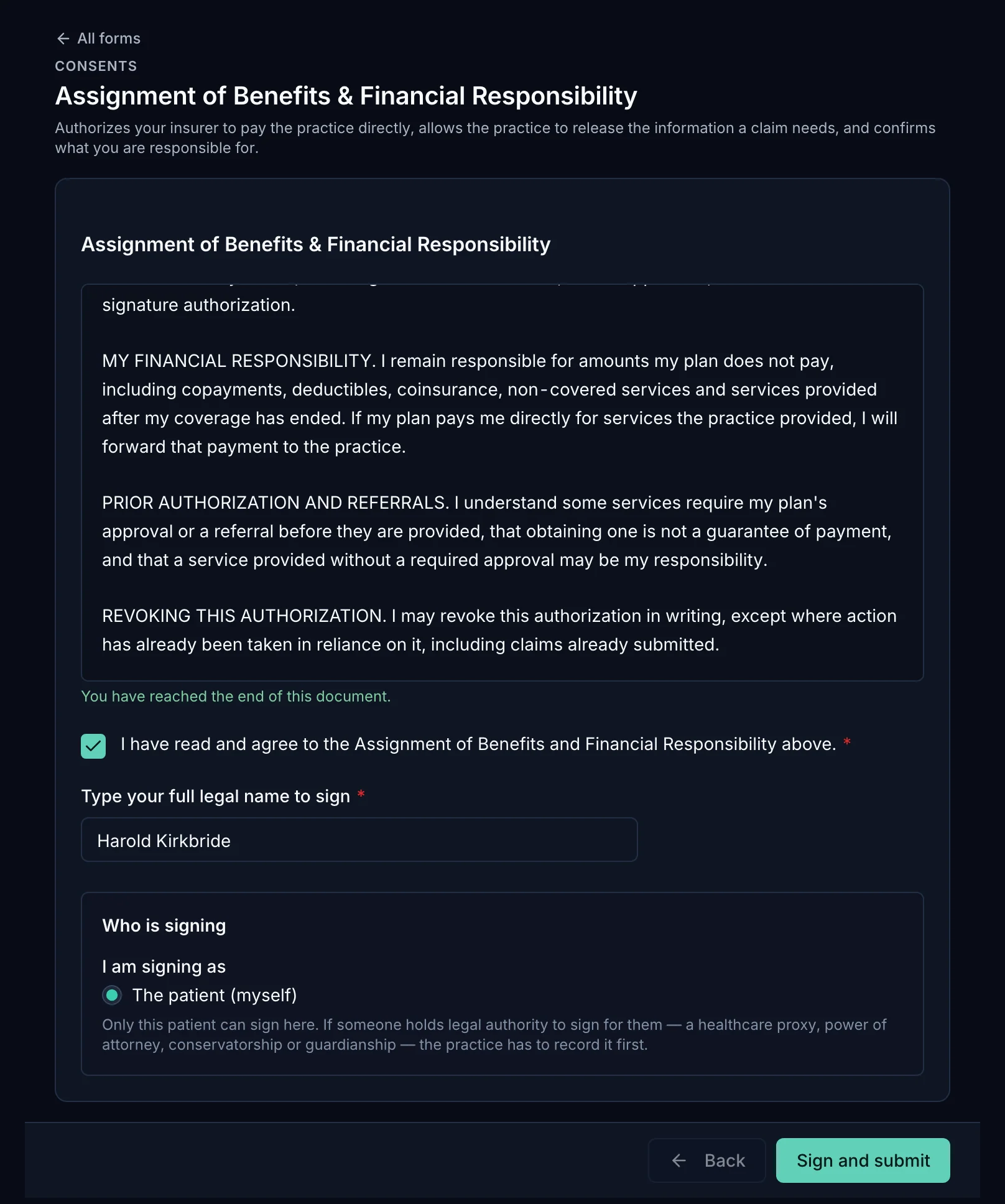 The Assignment of Benefits and Financial Responsibility consent in the ClinicX patient portal, in its dark theme, read to the end. The document box shows its last paragraphs, on financial responsibility, prior authorization and revoking the authorization, above a note that the patient has reached the end of the document. The box I have read and agree to the Assignment of Benefits and Financial Responsibility above is ticked, Harold Kirkbride is typed as the full legal name to sign, The patient (myself) is selected under Who is signing, and a Sign and submit button waits at the bottom.